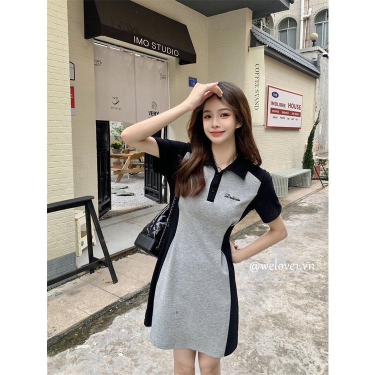 Đầm Cổ polo Tay Ngắn Dáng Ôm Màu Sắc Tương Phản Phong Cách Hàn Quốc Thời Trang Cho Nữ