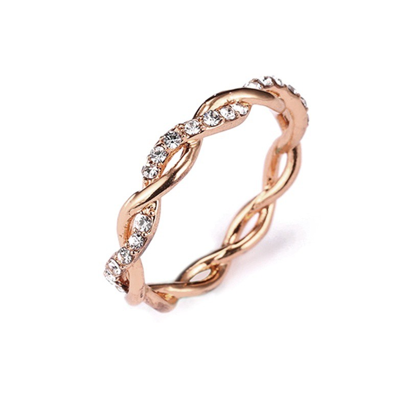 Womens Exquisite Thin Twisted Rhinestone Ring Gold Gift Ring Diamond CZ Elegant Single Ribbon Ring