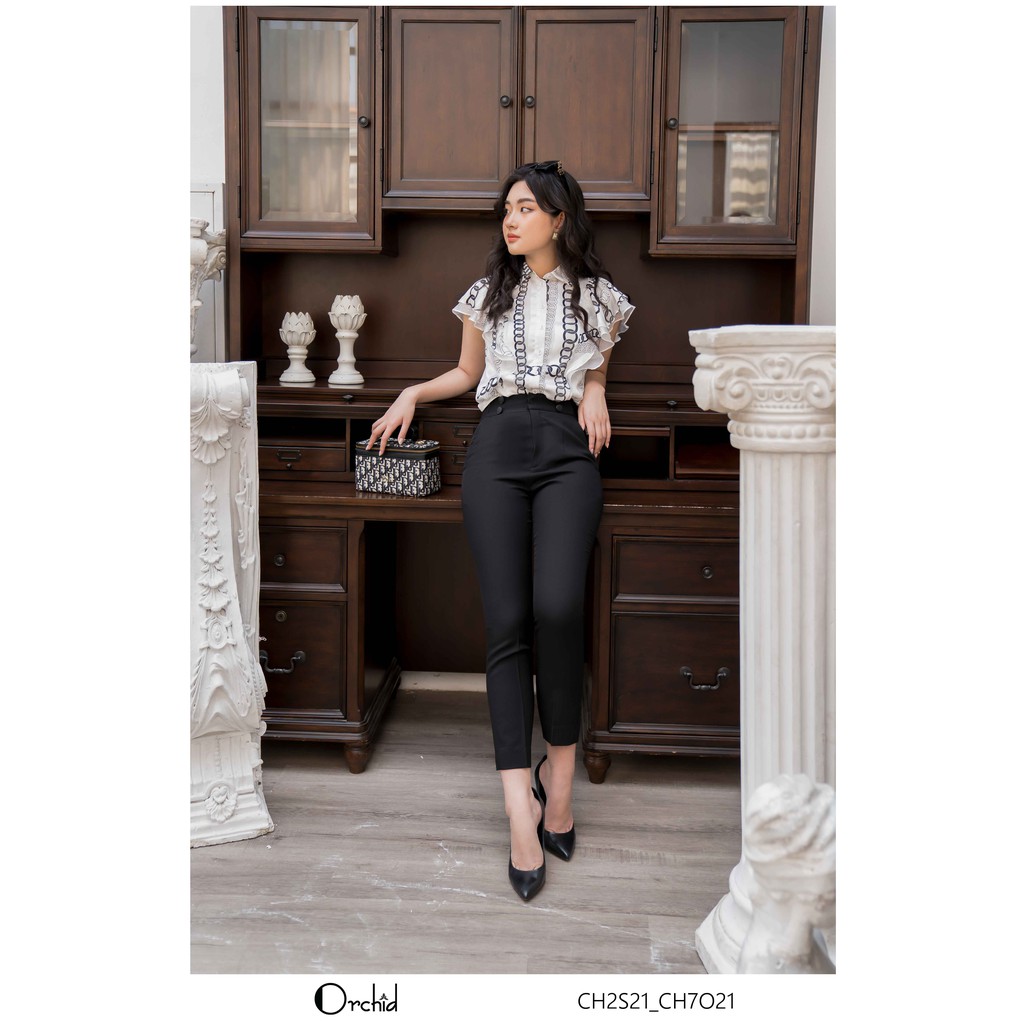 Áo Sơ Mi Tơ Tằm Họa Tiết Tay Phối Voan - CH2S21