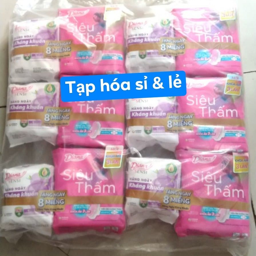 6 gói Băng Vệ Sinh Diana Siêu Thấm Mỏng Có Cánh (Gói 8 Miếng) tặng kèm 6 gói ban đêm