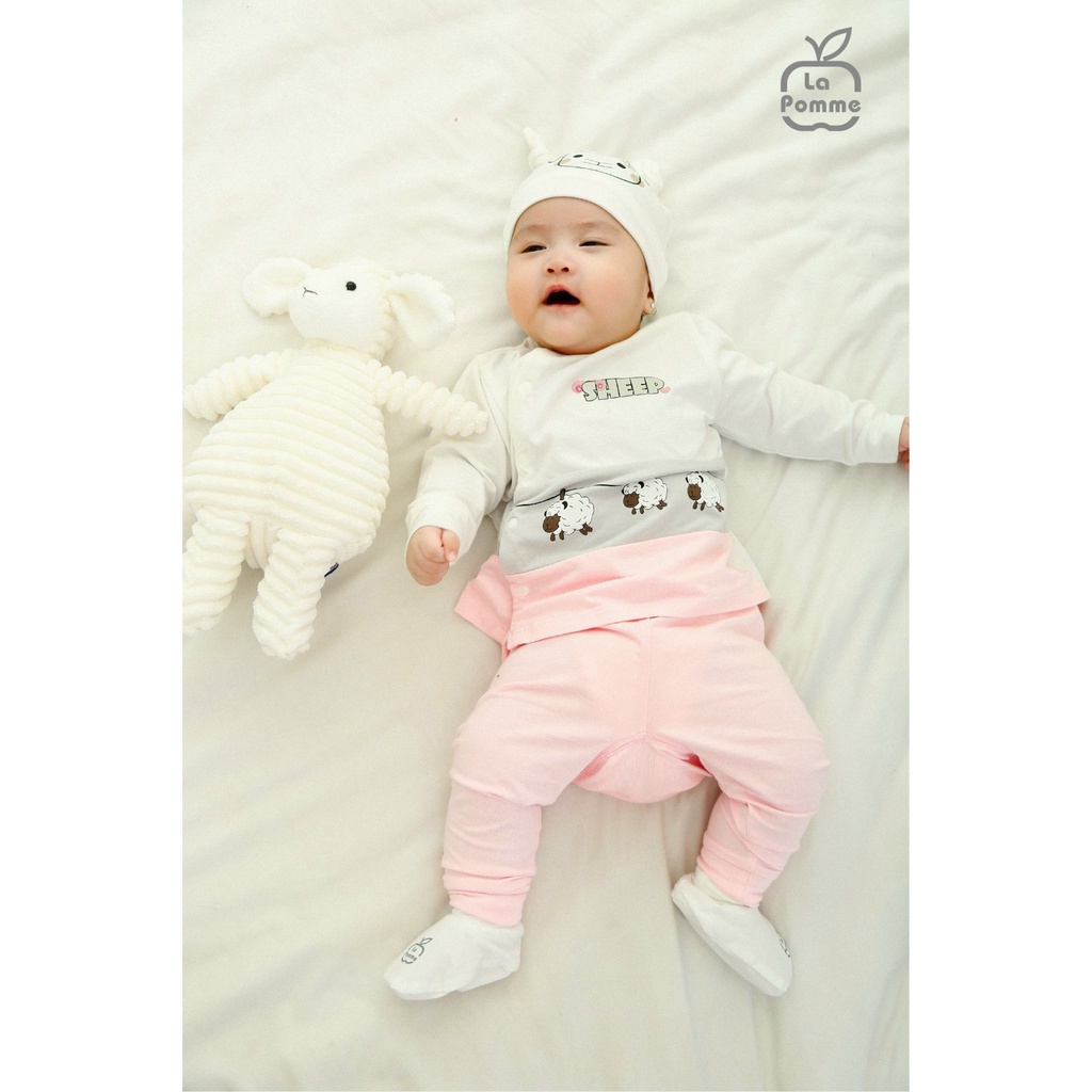 Bộ La Pomme Bamboo cừu treo cài chéo cài giữa body dài tay sơ sinh cao cấp cho bé trai bé gái SLS061 JL061 SLD061