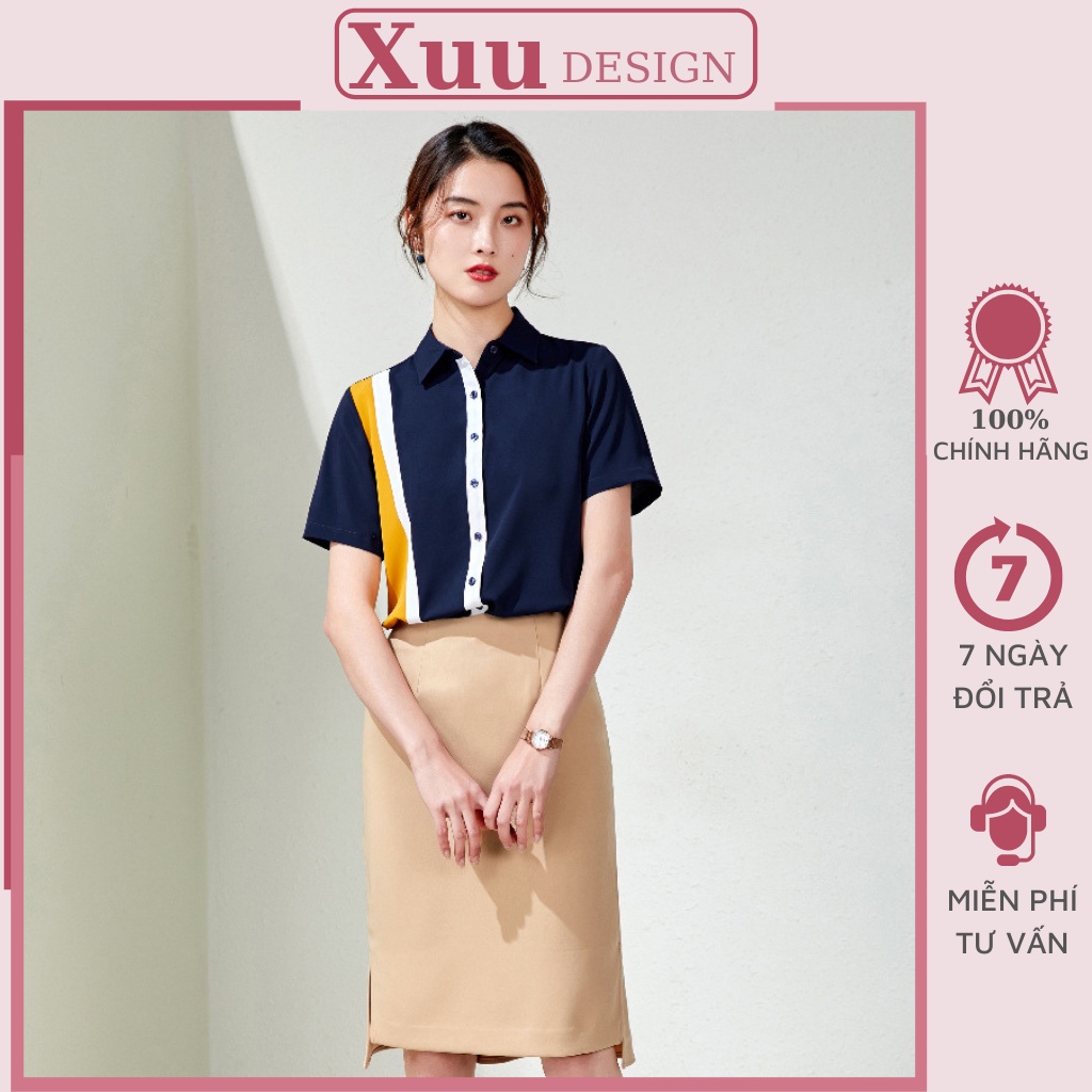 Áo sơ mi nữ cộc tay công sở Xuu Design, Áo kiểu nữ trơn bassic phối màu thời trang chất liệu Lụa hàn cao cấp - SK09