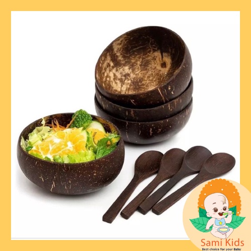 Bát gáo dừa kèm muỗng ăn granola, cháo, cơm, canh, chén thìa đựng đồ ăn dặm SAMI KIDS