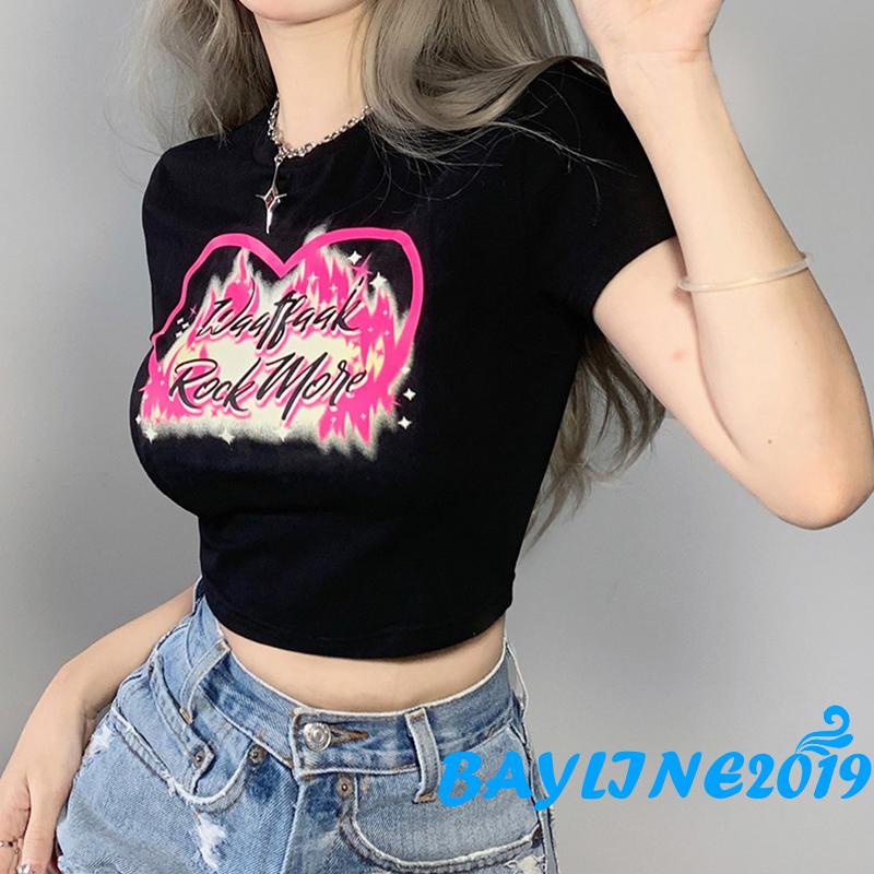 Áo Croptop Ngắn Tay Cổ Tròn In Họa Tiết Trái Tim Màu Tương Phản Thời Trang Mùa Hè Cho Nữ
