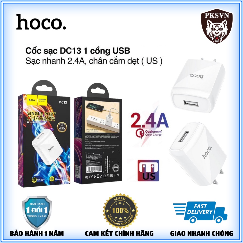 Củ Sạc Nhanh Hoco DC13💎CAO CẤP💎Cốc Sạc Hoco 1 Cổng USB Sạc Nhanh 2.4A - BH Chính Hãng 12 Tháng