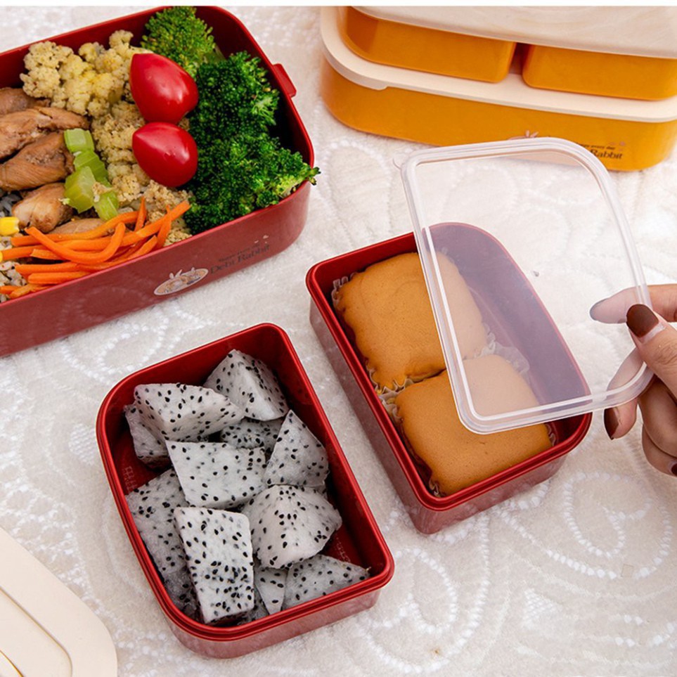Hộp Cơm Văn Phòng Bento Kiểu Nhật, Có Kèm Thìa Rĩa, Có 2 Tầng Và Quai Xách