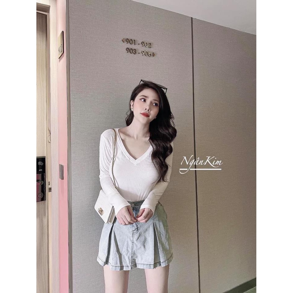 Áo Thun Tăm Giấy V-NECK Nữ [FREESHIP] 🌸 Phông cổ tim dài tay body dáng ôm màu Đen | Trắng | Hồng | Nâu Ulzzang HOT 🌸 | BigBuy360 - bigbuy360.vn