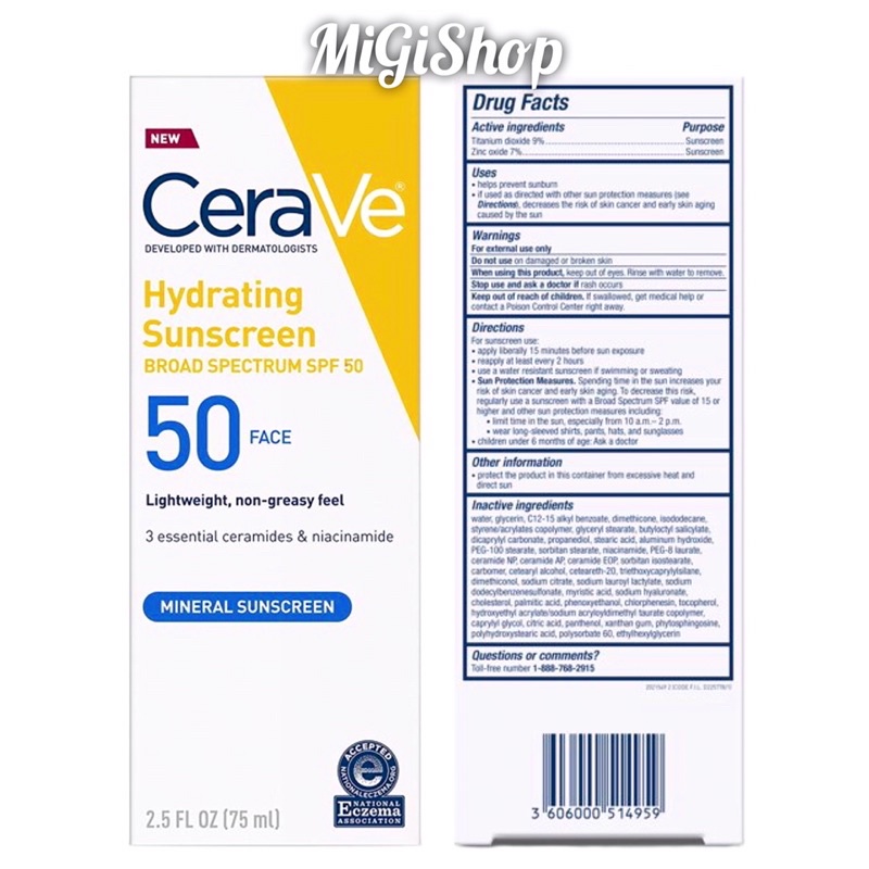 Kem Chống Nắng Vật Lý Cho Da Mặt Nhạy Cảm Cerave Hydrating Mineral Sunscreen Face 75ml