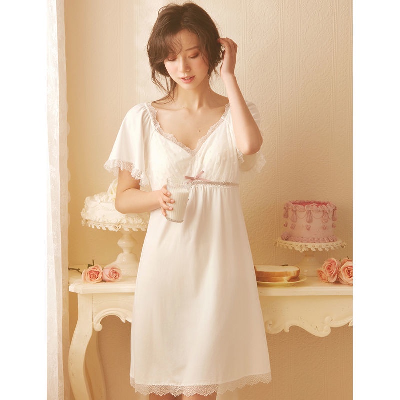 Đầm ngủ công chúa tay ngắn phối ren có đệm ngực thời trang mùa hè cho nữ