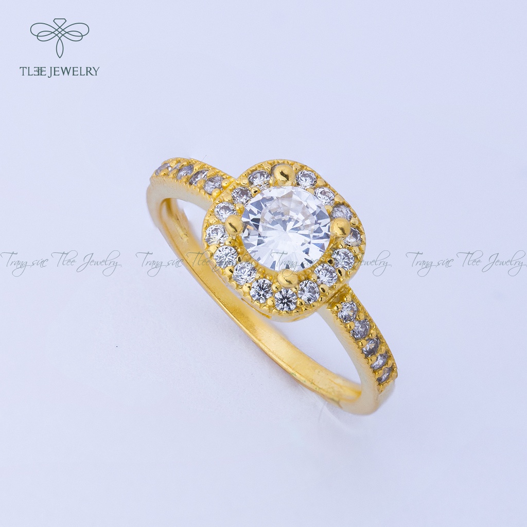 Nhẫn bạc nữ TLEE mặt vuông mạ vàng 14k nạm đá viền cao cấp NCJ A0111