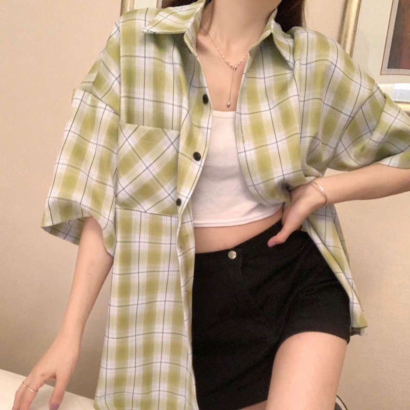 SUXI Áo Sơ Mi Tay Ngắn Dáng Rộng Họa Tiết Sọc Caro Màu Xanh Lá Nhạt Thời Trang Mùa Hè Phong Cách Vintage Cho Nữ