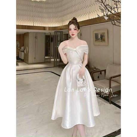 Đầm công chúa dáng dài trễ vai, đầm tiểu thư đi dự tiệc cưới sang trọng, quý phái phong cách hàn quốc