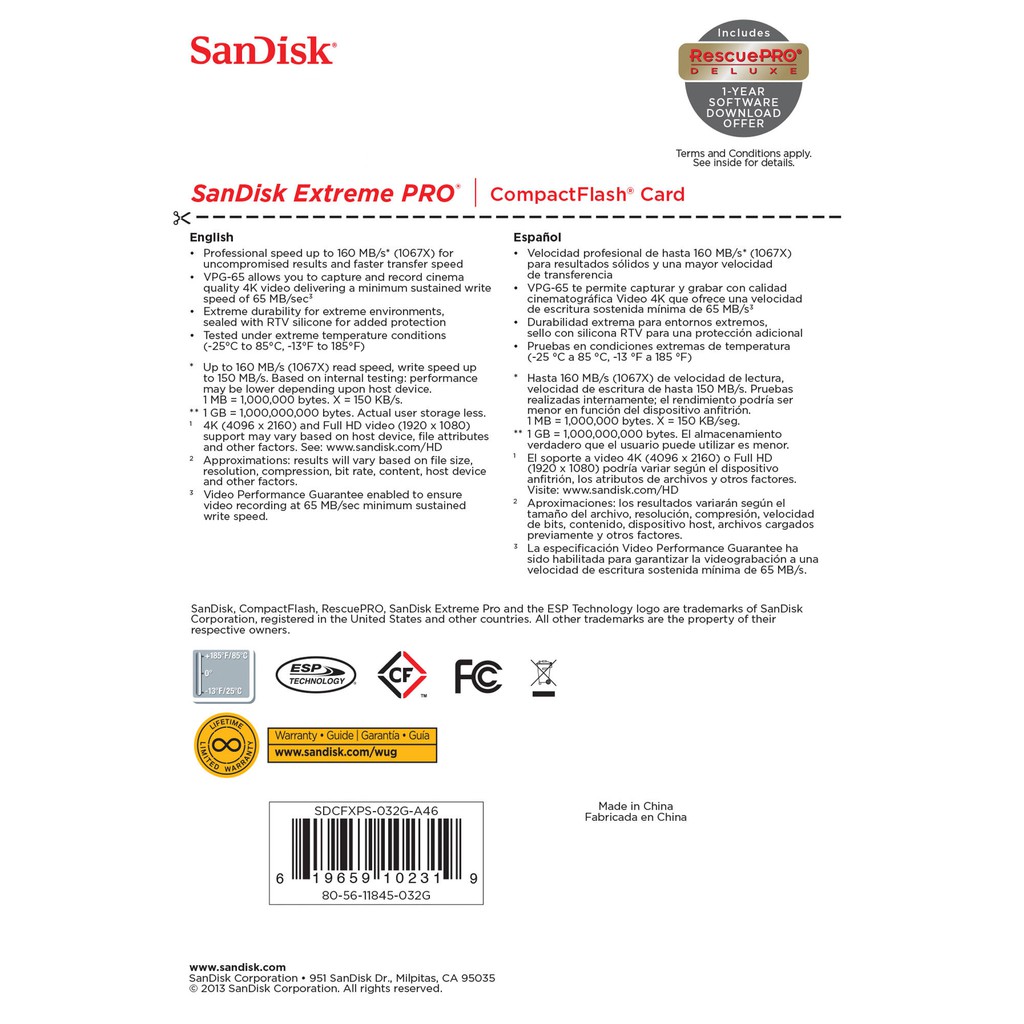 Thẻ Nhớ CF (CompactFlash) SanDisk Extreme PRO 128GB 1067X~160MB/s (SDCFXPS-128G-A46)