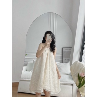 Váy đầm cổ yếm quây buộc dây sau cổ màu kem form babydoll đi biển xinhxinh