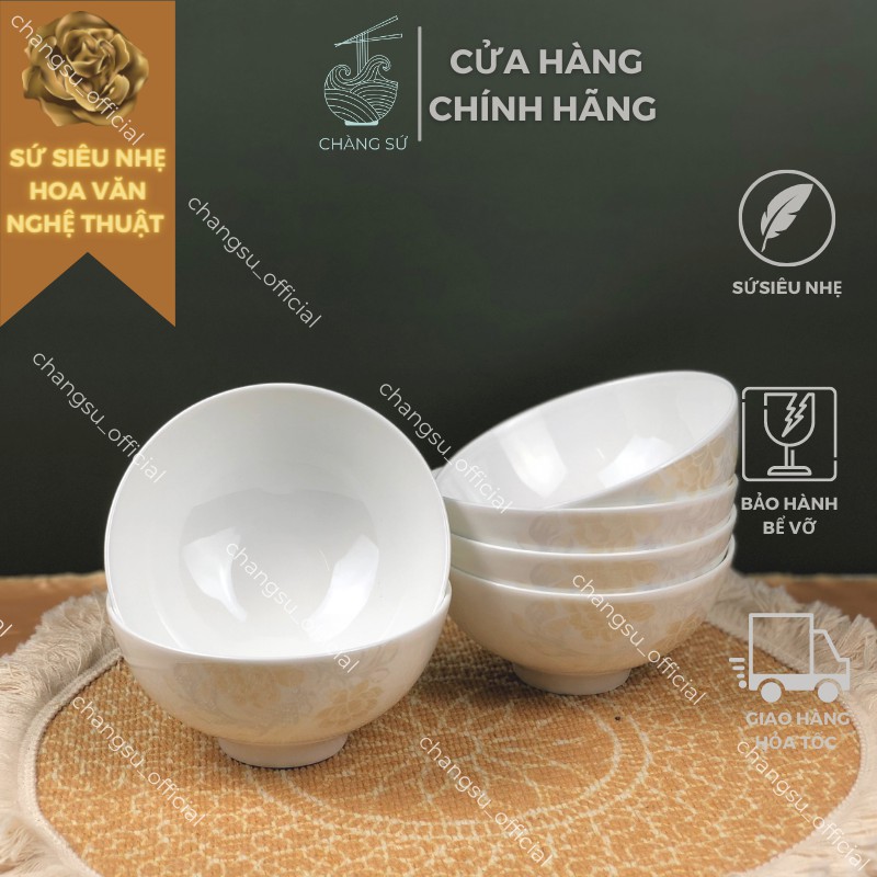 Bộ bát ăn cơm sứ siêu nhẹ hoa văn cổ điển - Set 6 và 10 chén cơm sứ xương siêu nhẹ Minh Châu - Vỡ 1 đổi 1