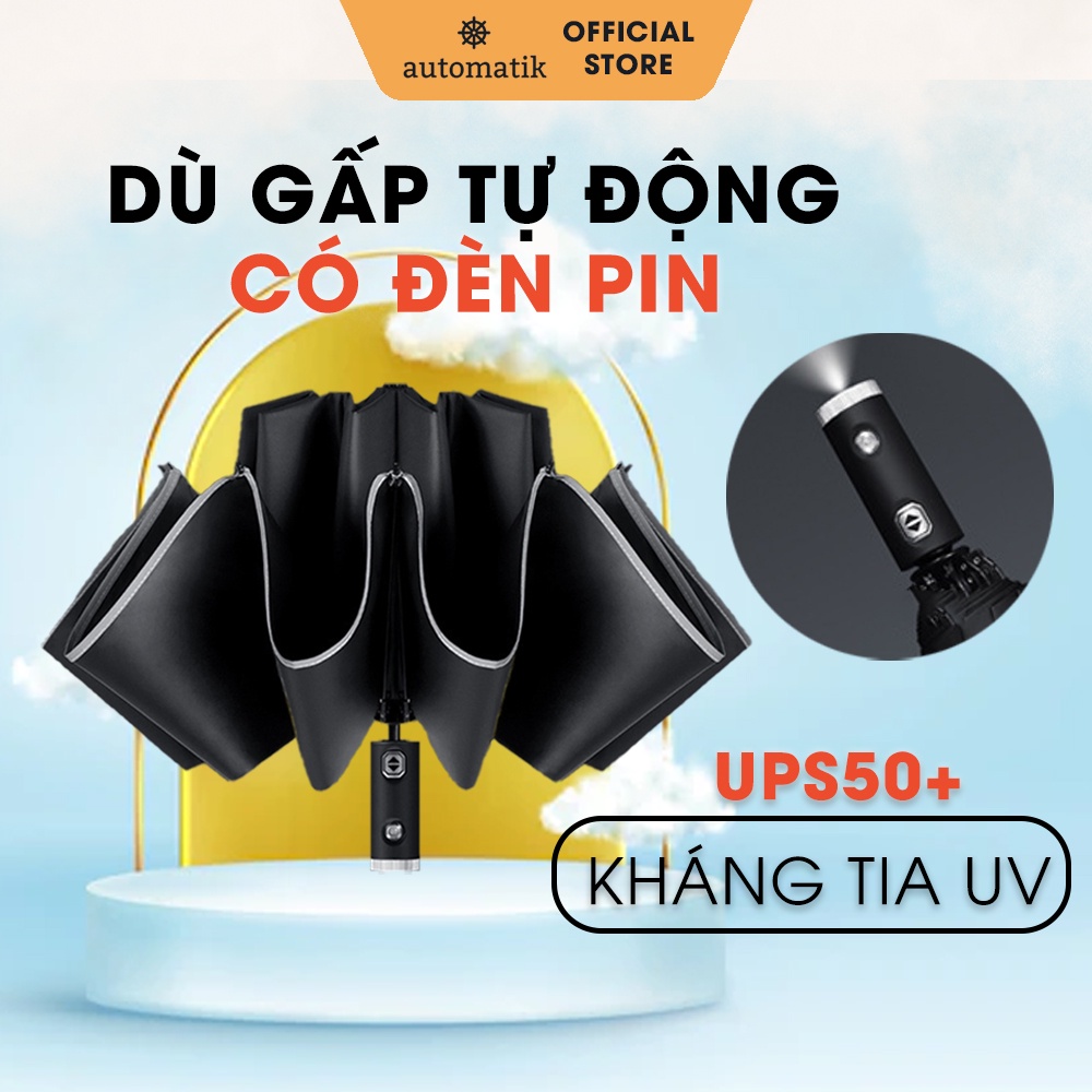 Ô Dù Che Mưa Gấp Gọn Tự Động 2 Chiều Có Đèn Pin, Dù Che Nắng Gấp Ngược Chống Tia UV - Automatik