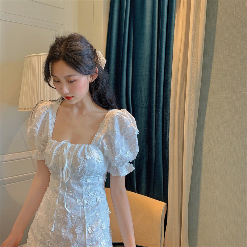 Đầm Tay Phồng Ôm Eo Cổ Vuông In Họa Tiết Hoa Nữ Tính Kiểu Hàn Quốc | BigBuy360 - bigbuy360.vn