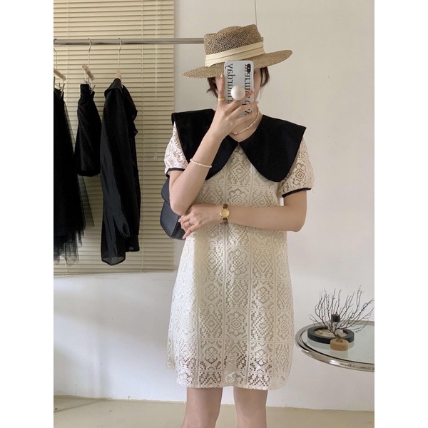 Váy Ren Cổ Nơ Đen Dáng Suông A Rất Xinh