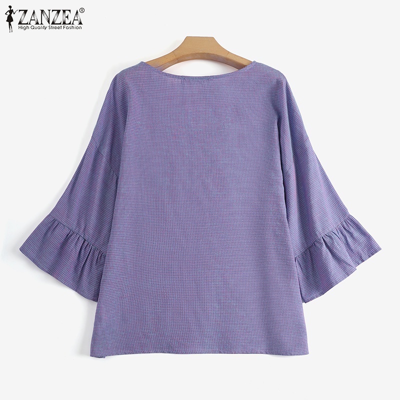 Áo kiểu Zanzea cổ tròn tay bèo 3/4 họa tiết caro thời trang cho nữ