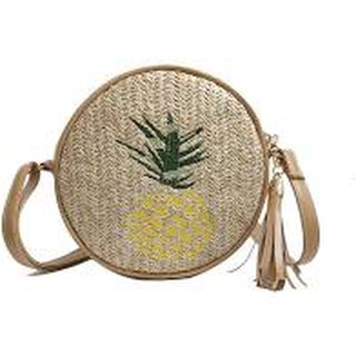 Túi Trống Tròn Cói Phối Tua Rua Dây Da