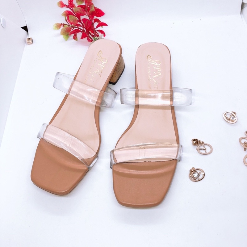 Guốc cao gót, dép cao gót vuông giả gỗ 4cm quai trong dày 2 dây ngang