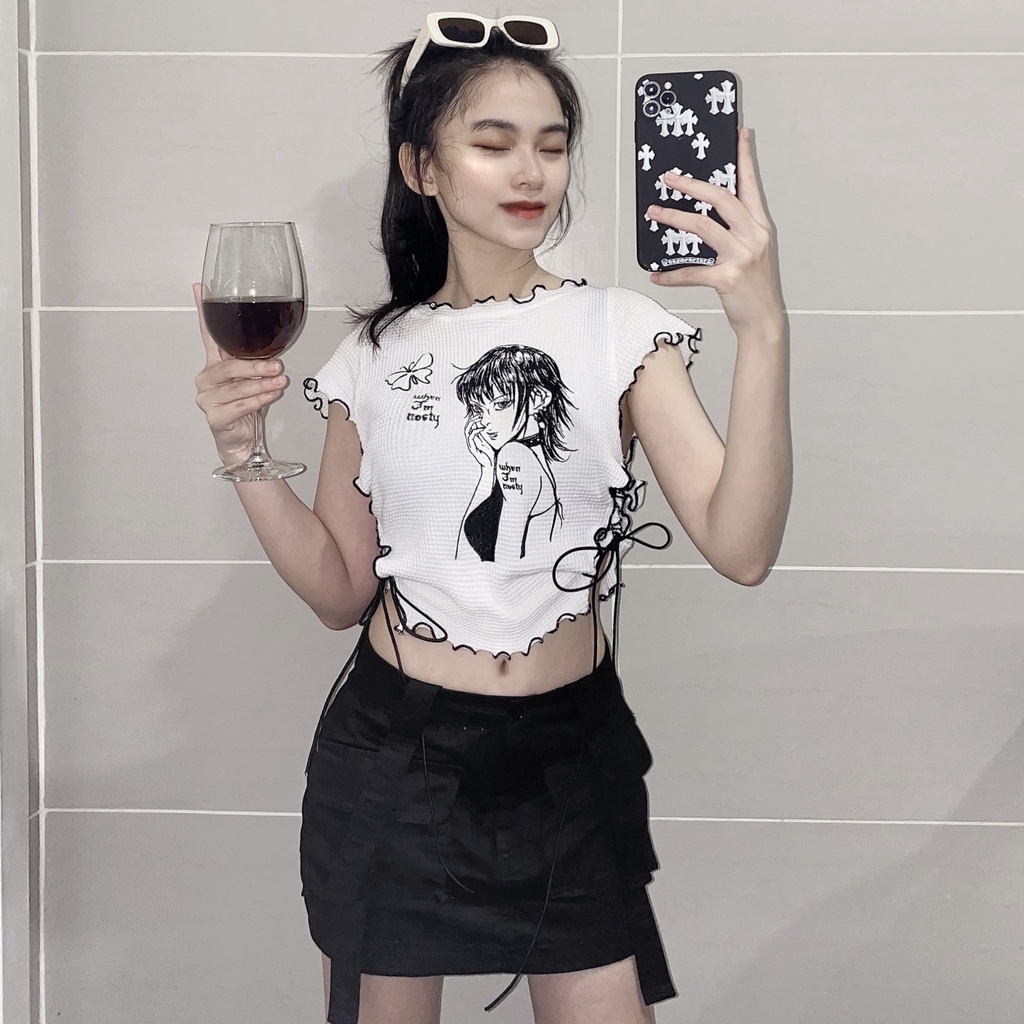 Áo croptop nữ vải cotton tổ ong thoáng mát thêu hoạ tiết Butterfly thiết kế WHENIMNASTY