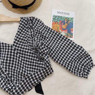 Áo caro Croptop cột nơ sau🌸