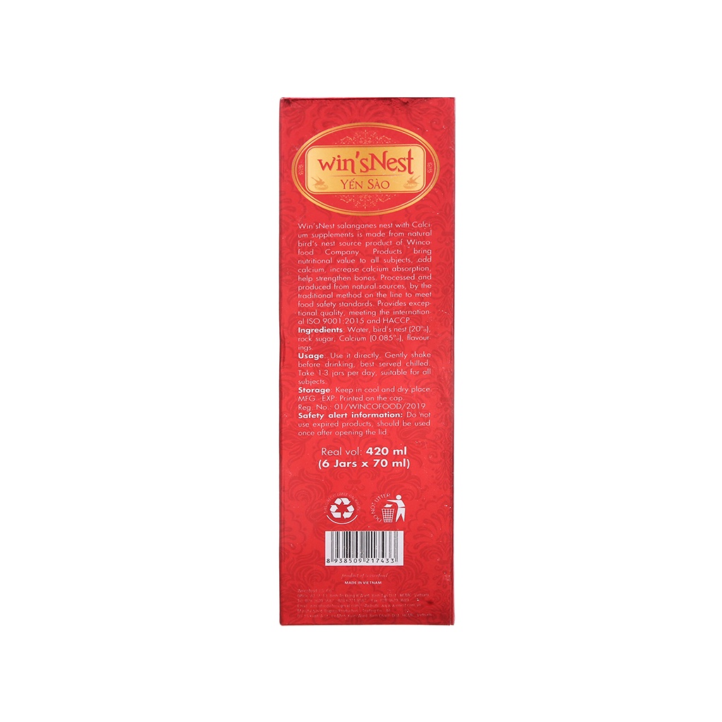 Thùng 6 Hộp Yến Sào cao cấp win'sNest Tổ Yến Chưng Sẵn Bổ Sung Canxi 20% (6 lọ/ Hộp)
