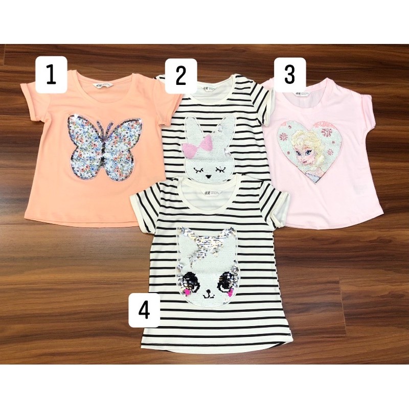 Áo phông/cộc bé gái kim sa lật thỏ/mèo/elsa