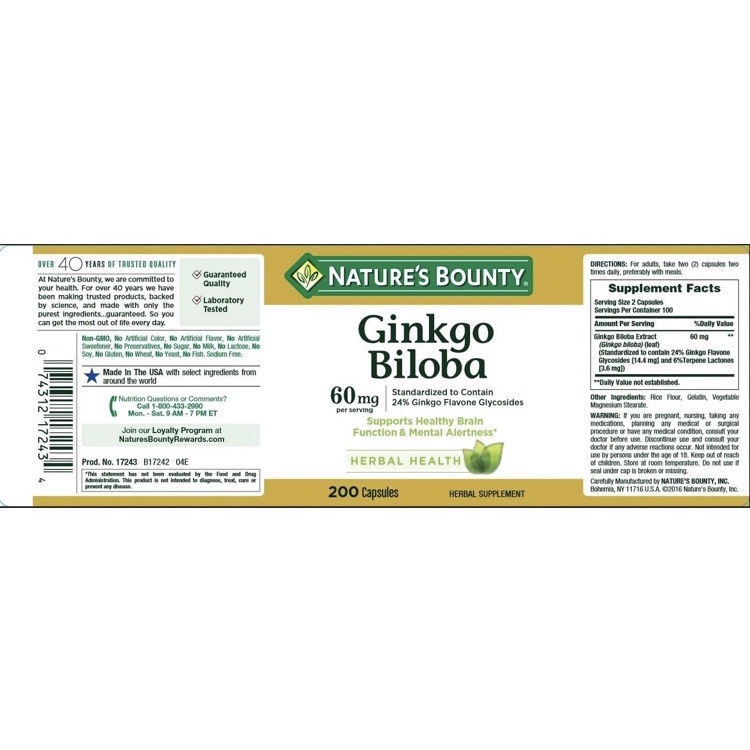 Viên bổ não Nature's Bounty Ginkgo Biloba 60 Mg 200viên