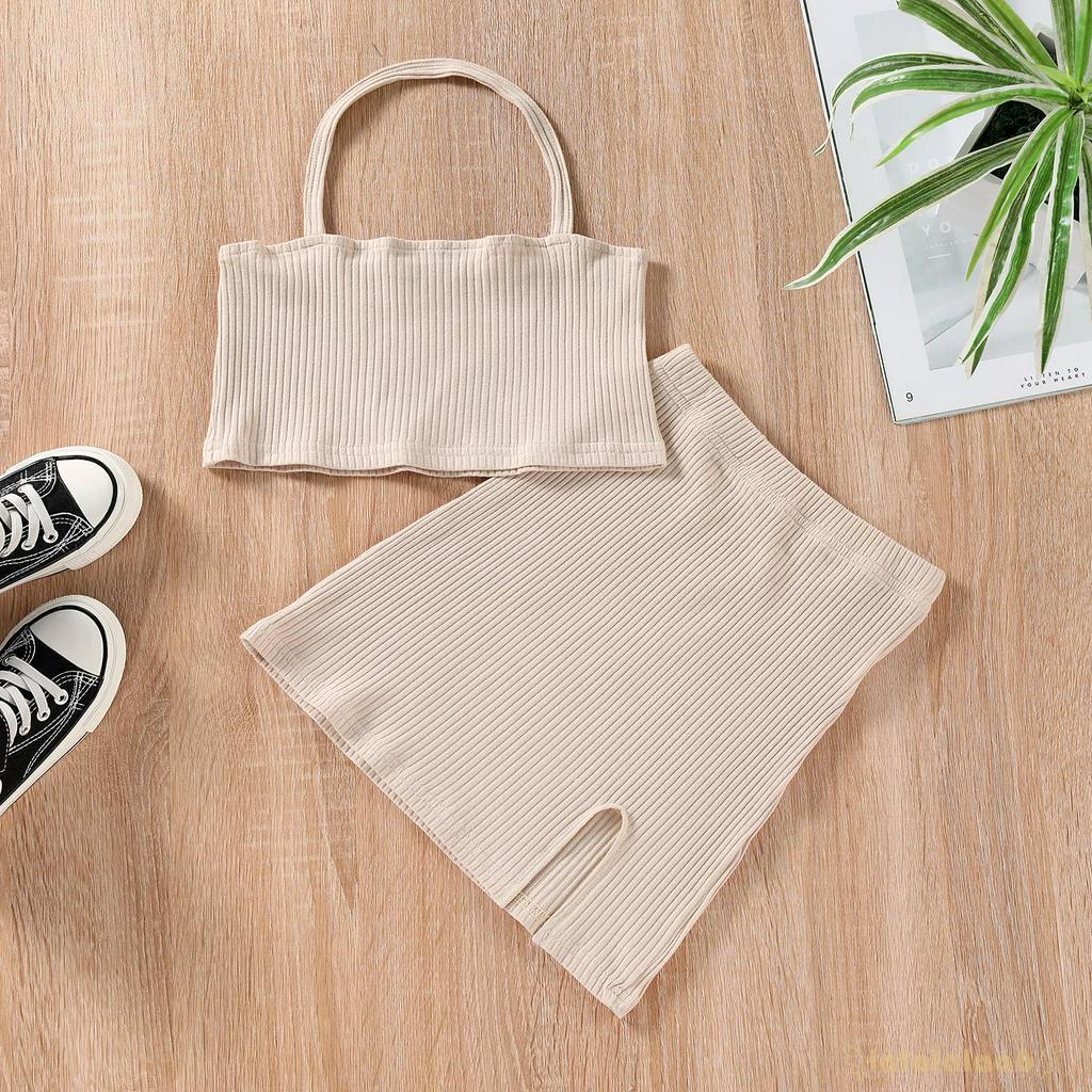 Bộ Áo Cổ Yếm Không Tay Và Chân Váy Xẻ Tà Thời Trang Hè Thoải Mái Cho Bé Gái 2-7 Tuổi