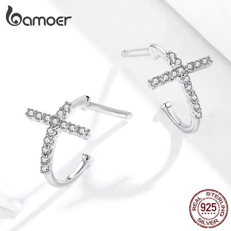 Hoa tai Bamoer SCE755 xi bạc phối mặt hình thánh giá khảm đá sang trọng dành cho nữ