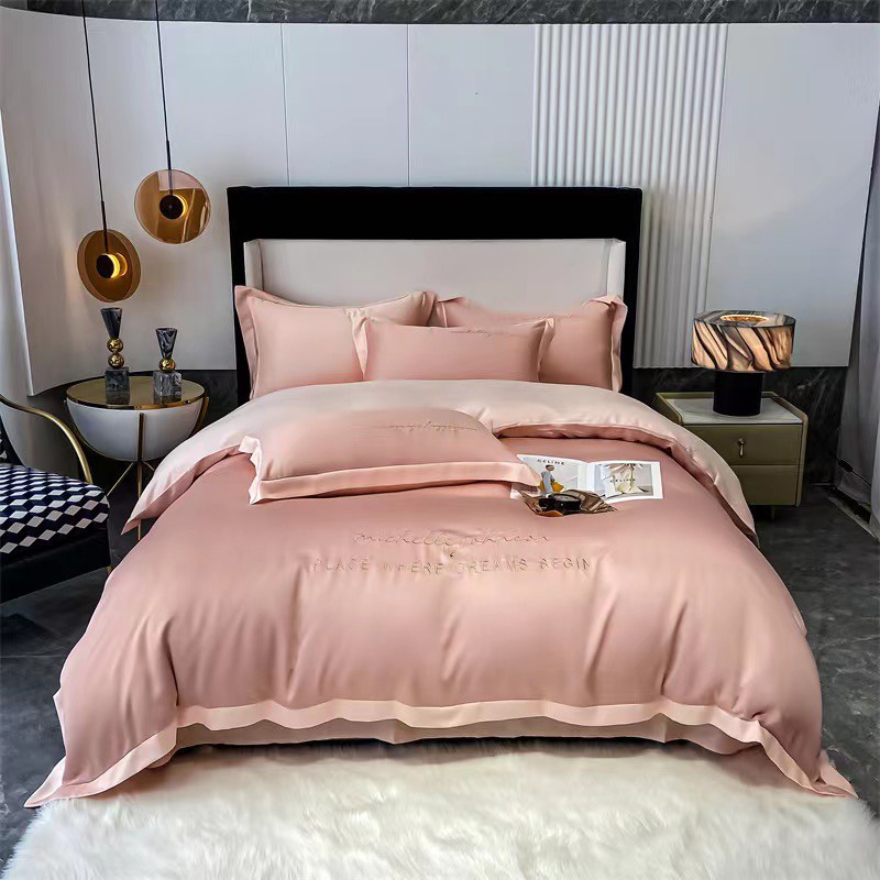 Bộ chăn ga gối lụa 4 món nhập khẩu cao cấp, ga giường và vỏ gối chất lụa thoáng mát mềm mịn không xù