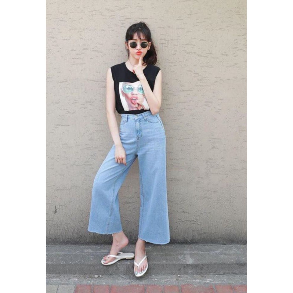 Quần bò ống rộng nữ cạp cao - quần jeans ống rộng lưng cao, vải bò dày đẹp , không giãn ,dáng suông