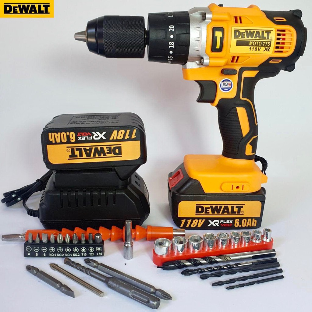 Máy khoan pin 118V Dewalt 3 chức năng có búa - Động cơ 775 siêu mạnh mẽ - Tặng kèm bộ phụ kiện 28 chi tiết