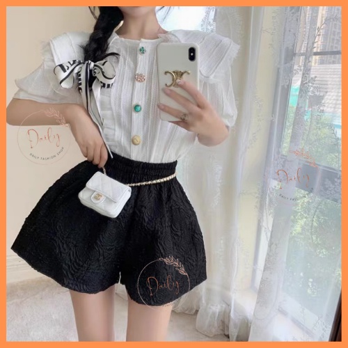 Quần Short Nữ Ống Rộng Phồng Nhẹ Dập Nổi In Hoa 3D Cạp Chun Cao Sang Chảnh Daily