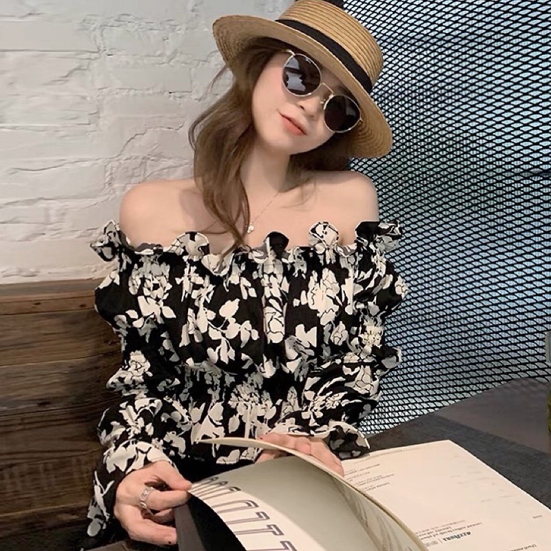 #9 Áo bẹt trễ vai tay phồng bồng dài nữ croptop kiểu bèo trắng đen xinh