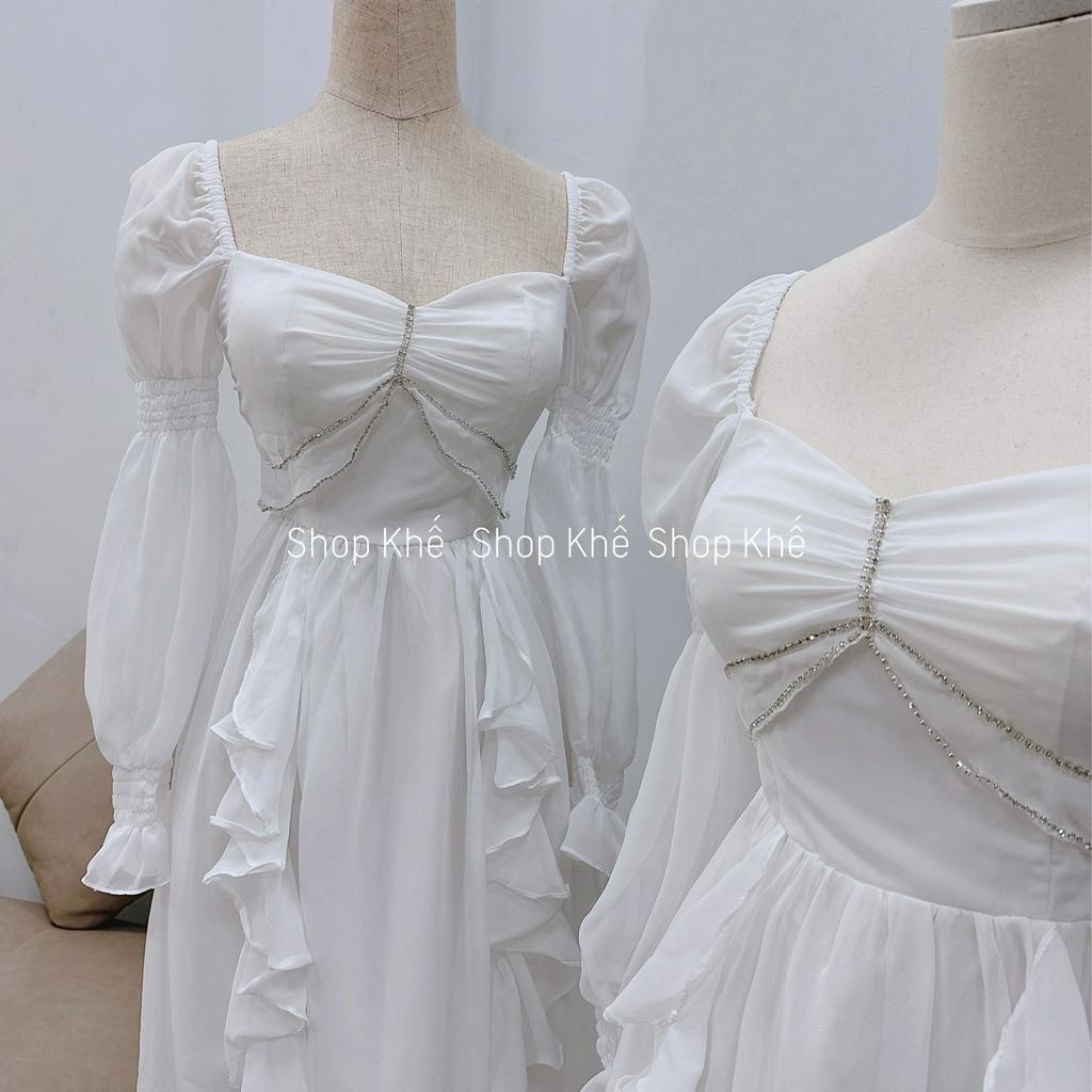 Đầm maxi voan trắng tay dài, đính đá quý phái, sang trọng, thích hợp đi tiệc, đi chơi biển