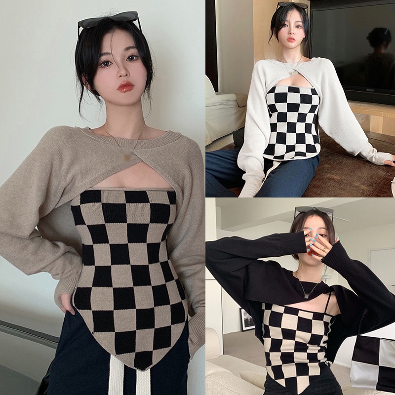 Set Áo 2 Dây Lửng Và Áo Khoác Cardigan Dệt Kim Phong Cách Hàn Quốc Cho Nữ