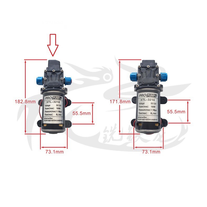 Máy bơm áp lực cao 12V100W 1.1MPA 8 lít/phút, dùng rửa xe, phun thuốc, phun sương tưới lan