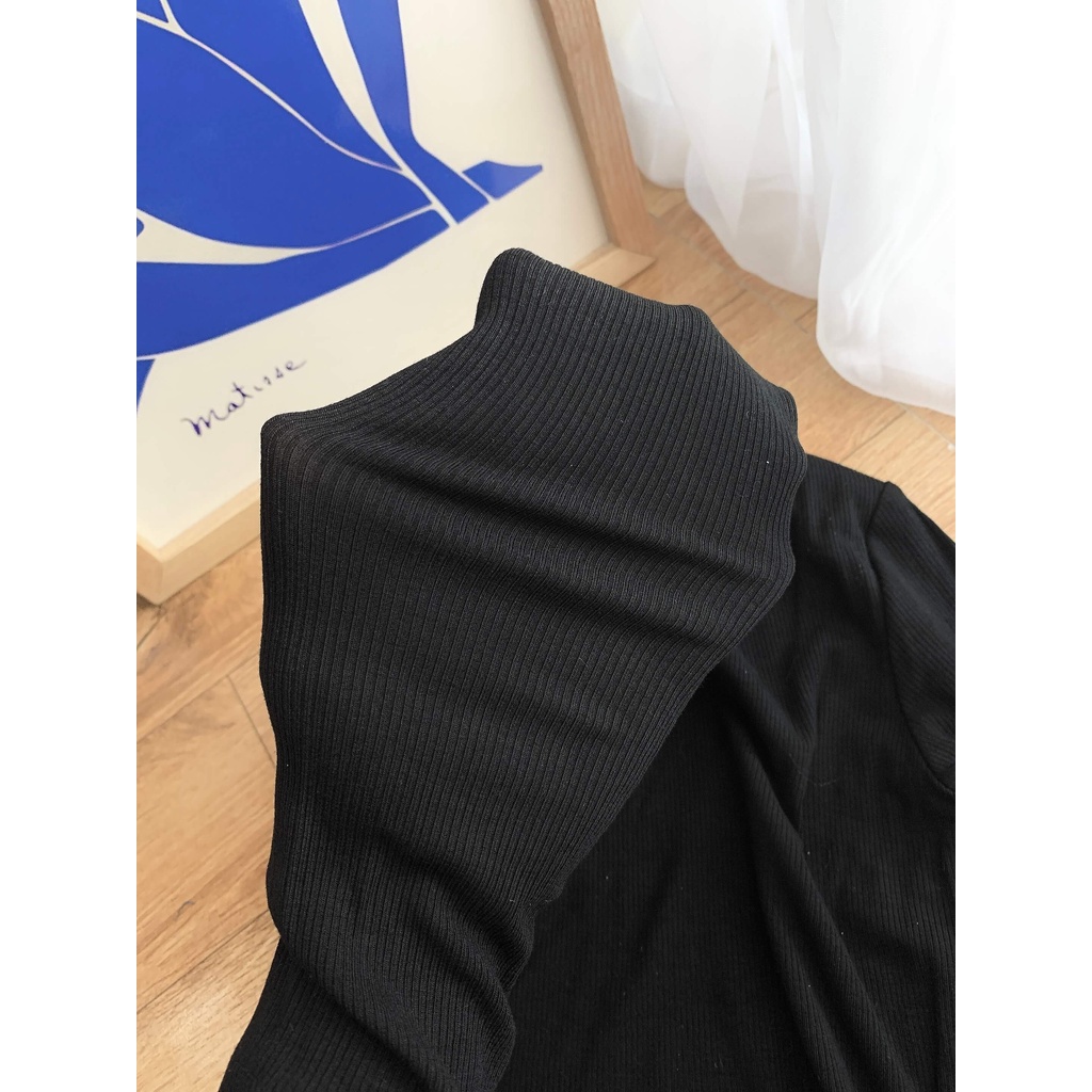 Áo body cổ cao 3cm croptop áo thun len tăm tay dài WANAWEAR dáng ôm quyến rũ cực xinh màu đen trắng xám