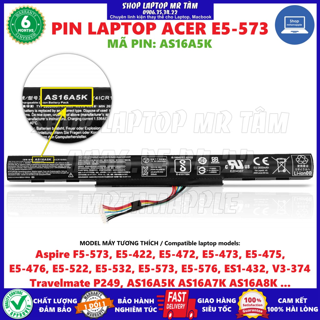 Bảng giá PIN LAPTOP ACER E5-573 (AS16A5K) (ZIN) dùng cho Aspire F5-573, E5-422, E5-472, E5-473, E5-475, E5-476, E5-522, E5-532, E5-573, E5-576, ES1-432, V3-374, Travelmate P249, AS16A5K AS16A7K AS16A8K Phong Vũ