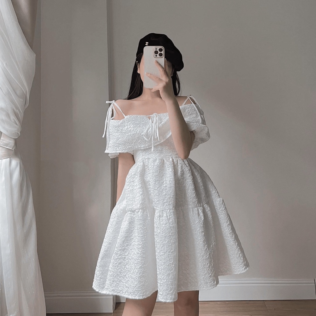 MẪU HOT ĐẦM XÒE NỮ BẸT VAI HÀNG THIẾT KẾ KIỂU CÔNG CHÚA CỰC HOT PU