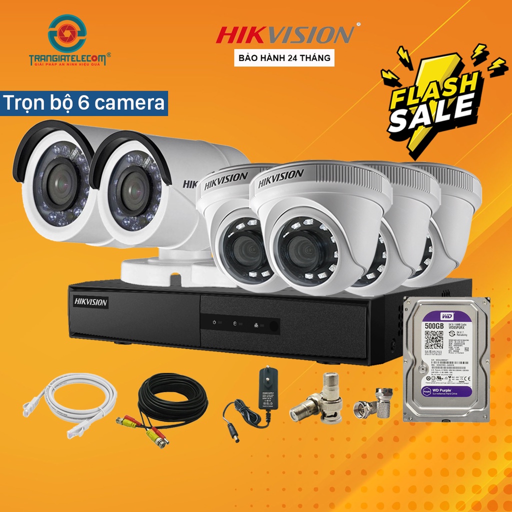 Trọn Bộ Camera 6 Mắt Hikvision 2.0MP Full HD 1080P - Bộ 6 Camera đầy đủ phụ kiện lắp đặt - TRANGIATELECOM