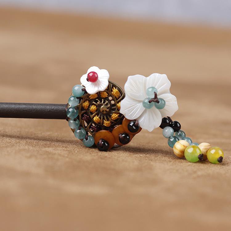 Trâm gỗ HOA TRẮNG SAKURA NHỊ XANH cài tóc nữ phong cách cổ đại cosplay công chúa tiểu thư