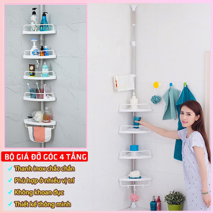 Kệ góc rút 4 tầng để đồ nhà tắm-Bộ giá đỡ góc 4 tầng - Điều chỉnh độ cao theo từng phòng