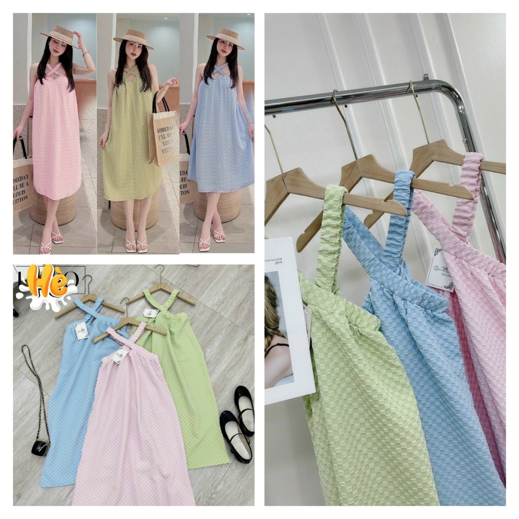 Đầm Váy Nữ Kiểu MAXI Đi Chơi , Dạo Phố Du Lịch Biển Thiết Kế Cổ Yếm Dây Chéo Hở Vai Chất Đũi Xốp Ô Vuông Cao Cấp TP