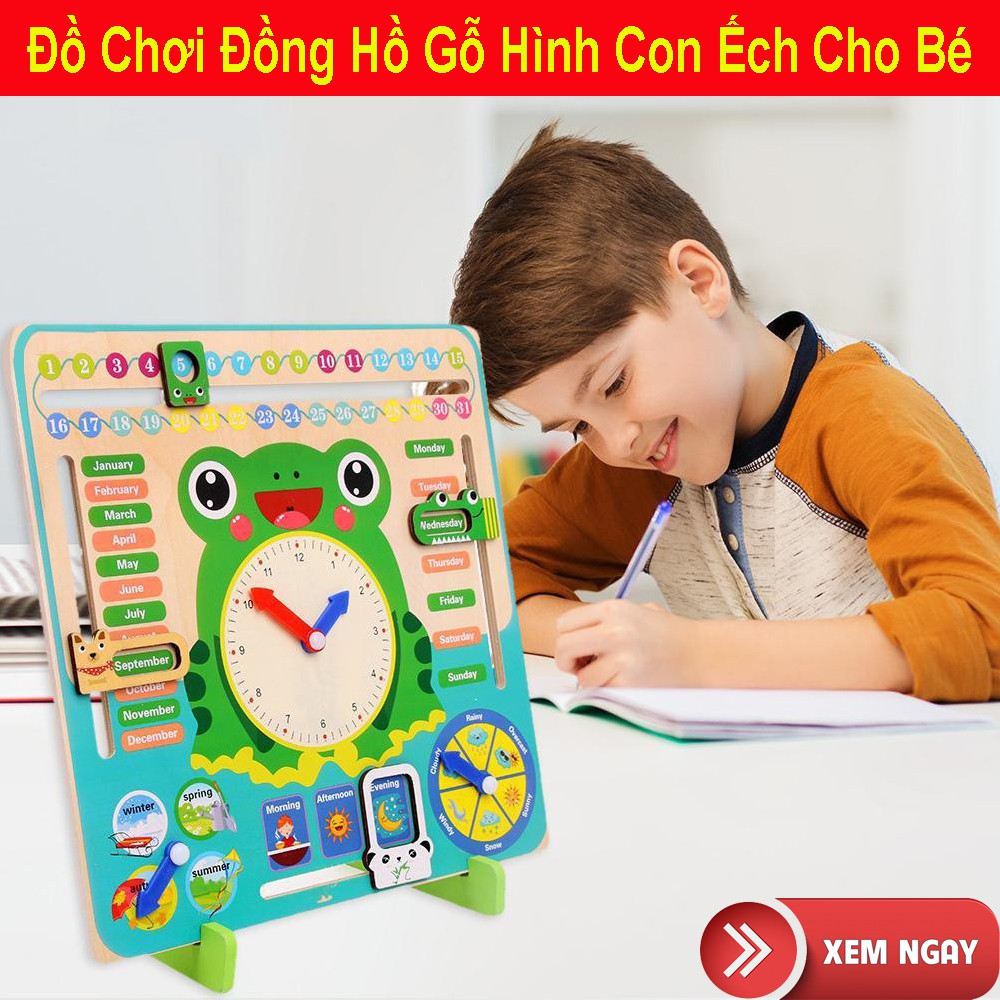 Bảng Lịch Đồng Hồ Đồ Chơi Gằng Gỗ Hình Ếch Cho Bé - Có Đế Kê Để Bàn