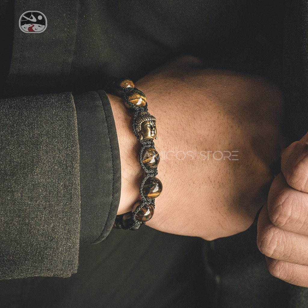 Vòng phong thủy handmade mix đá mắt hổ vàng + charm Thích Ca Bằng Đồng