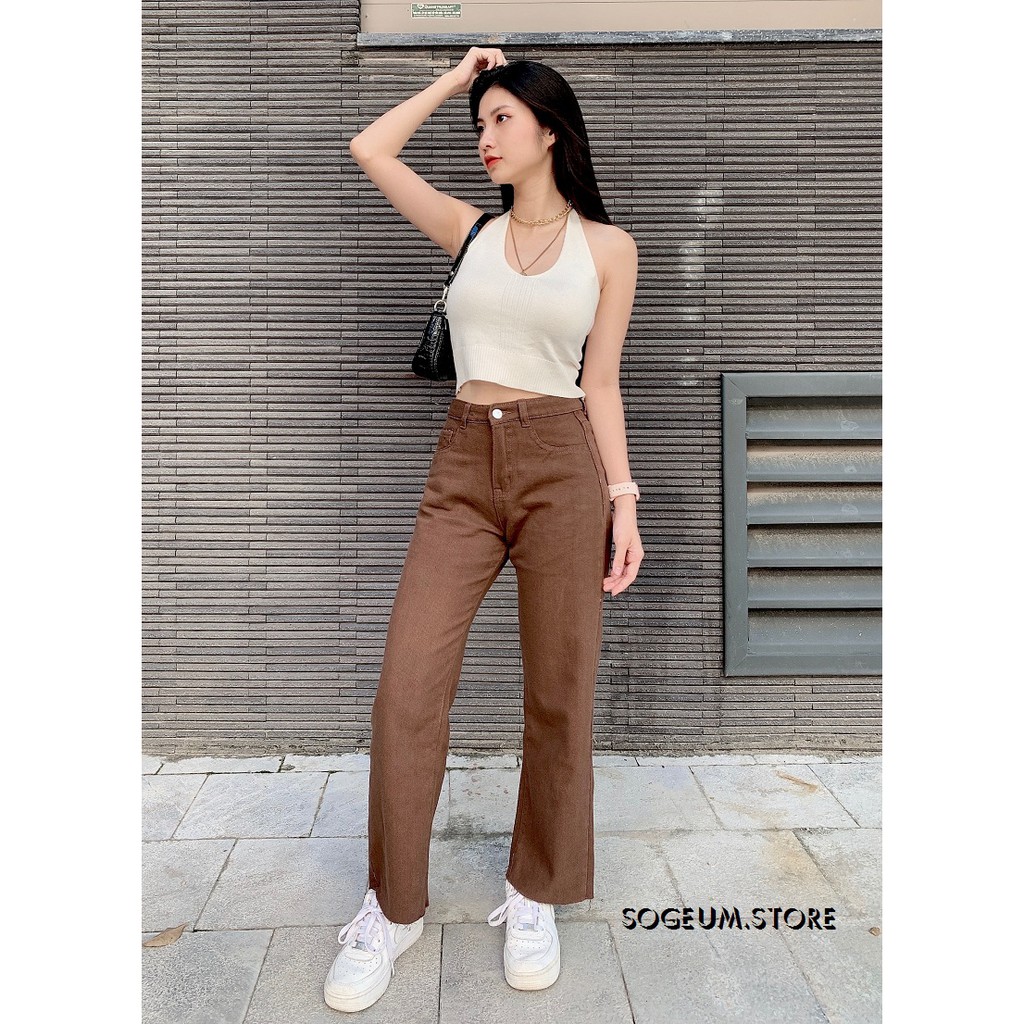 [Mã SKAMFSW175 giảm 10K đơn 50K] Quần jean kaki dáng suông, quần bò nữ ống rộng lưng cao rách gấu hàn quốc sogeum.store